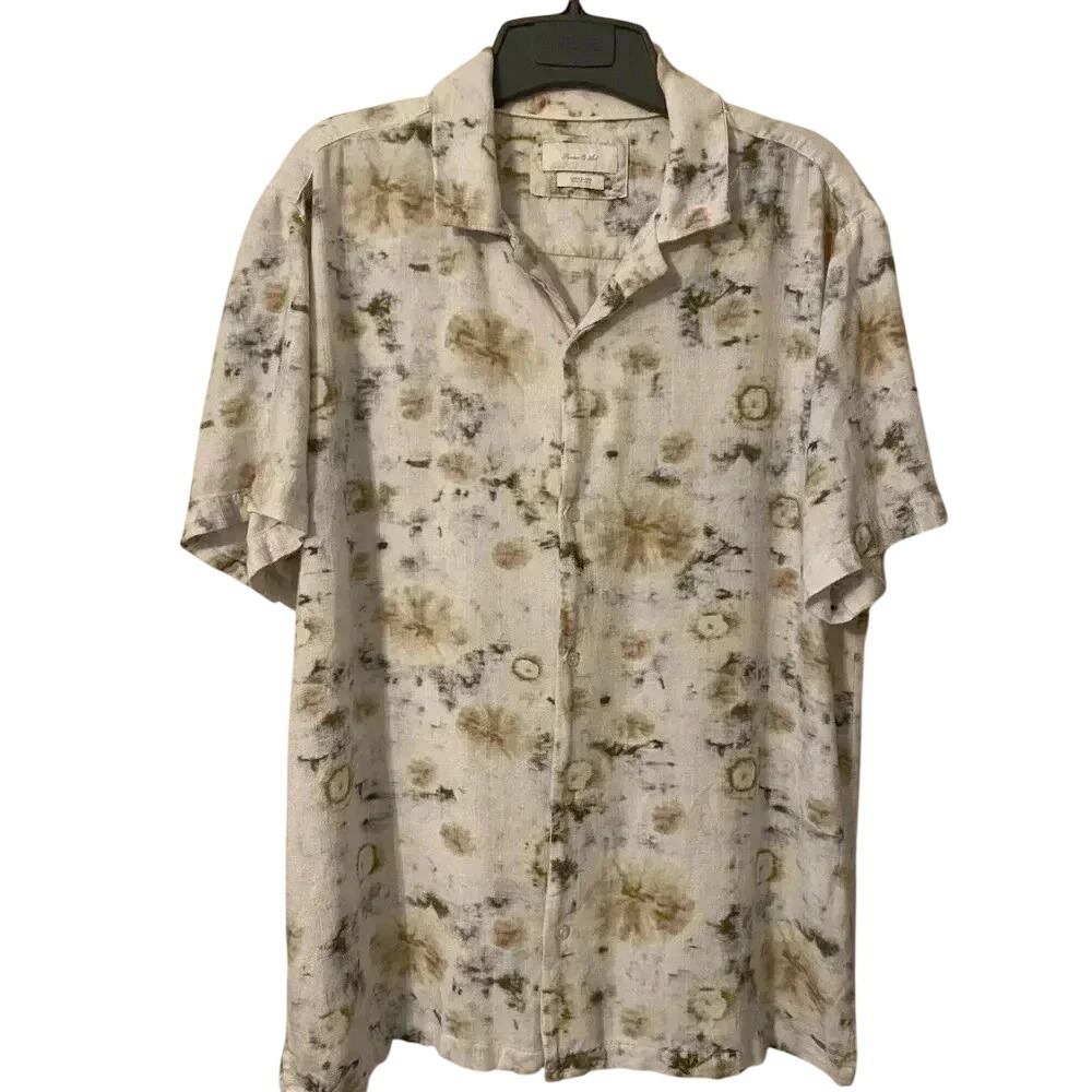 Cream Abstract Paisley Print Linen Rayon Blend Short Sleeve Shirt‎ Size M